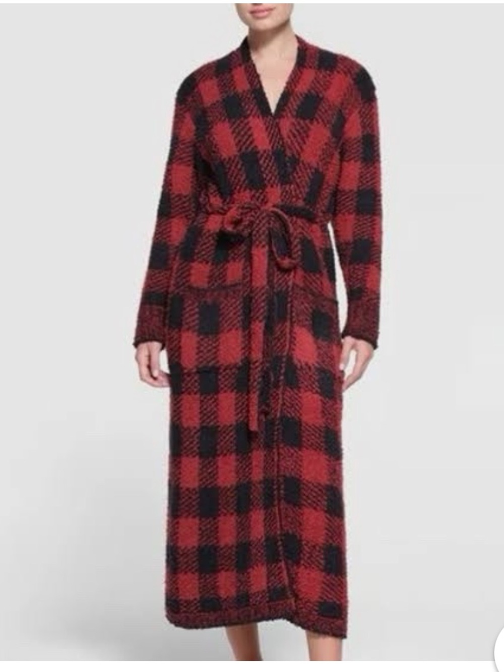 SKIMS Red and Black Buffalo Plaid Knit Belted Robe - Small Medium